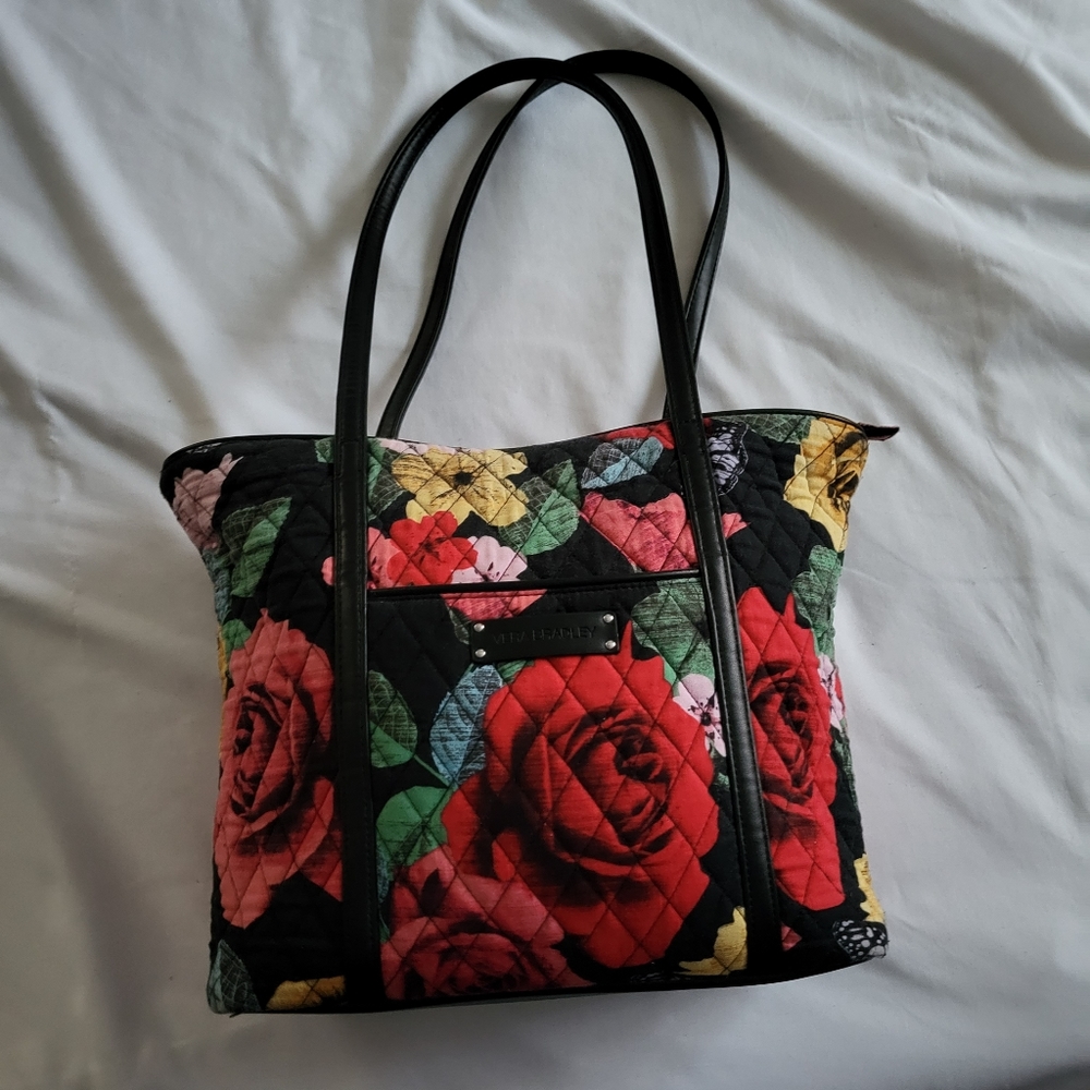 Vera Bradley Small Trimmed Vera Bag - black flower